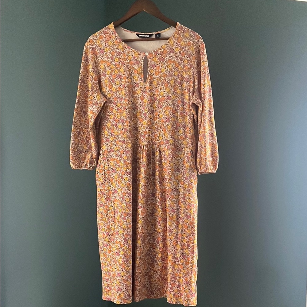 Lands' End Floral Long Sleeve Dress - Orange and Pink - Picture 2 of 6